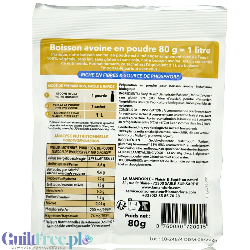 La Mandorle Boisson Avoine 80g - bezglutenowe mleko owsiane w proszku bez dodatku cukru, do przygotowania 1L napoju - Image 2