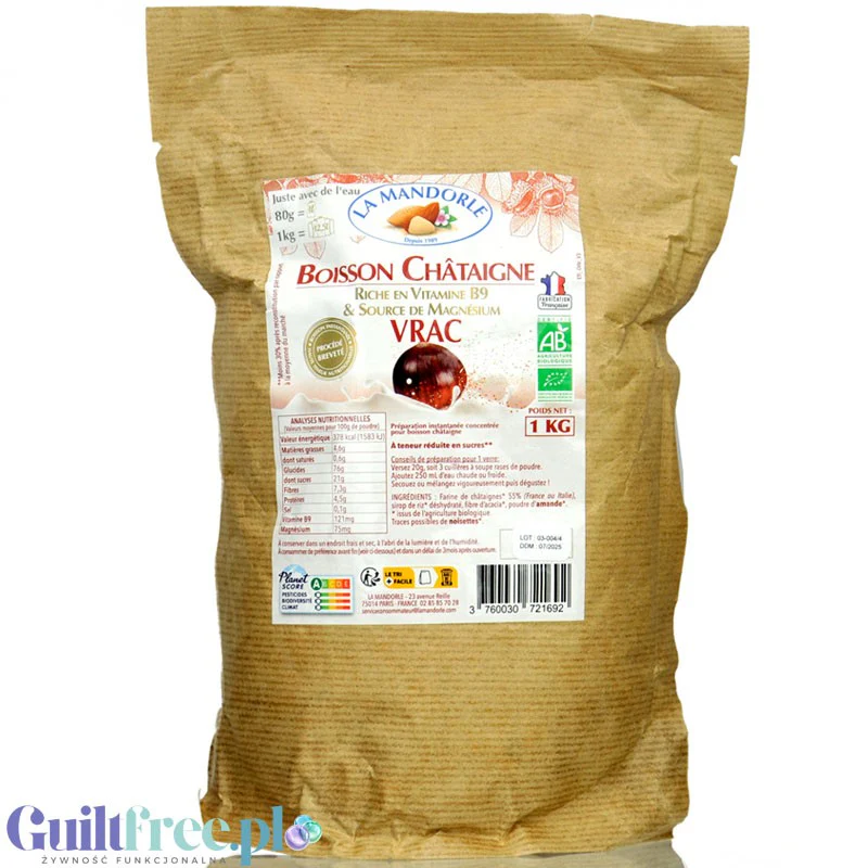 La Mandorle Boisson Châtaigne 1kg - napój kasztanowy w proszku z wit B9 i magnezem, bez dodatku cukru, do przygotowania 12,5L