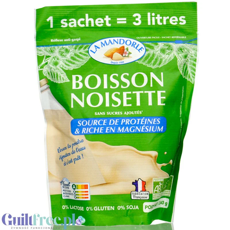 La Mandorle Boisson Noisette 240g - napój z orzechów laskowych w proszku bez dodatku cukru, do przygotowania 3L napoju