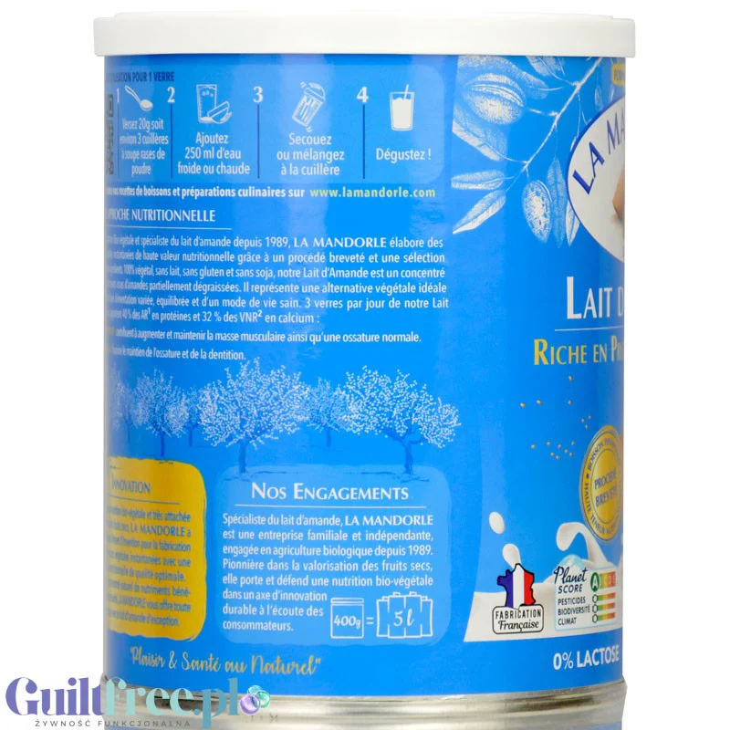 La Mandorle Lait D'Amande 400g - mleko migdałowe w proszku bez dodatku cukru, do przygotowania 5L napoju - Image 2