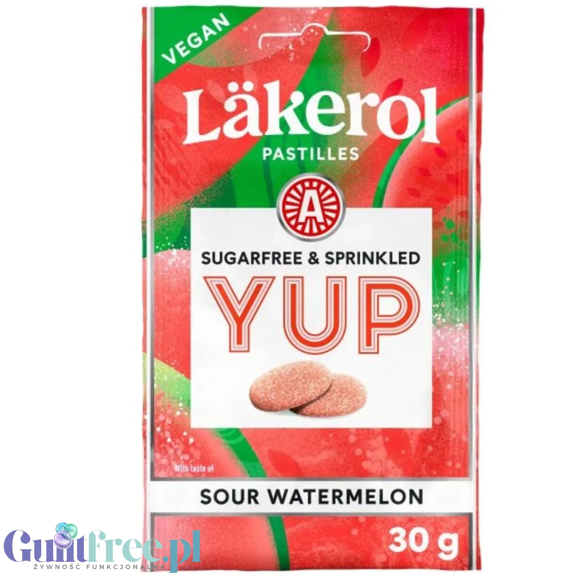 Läkerol Pastilles YUP Sour Watermelon - wegańskie arbuzowe pastylki bez cukru z kwaśną posypką