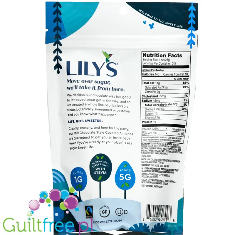 Lily's Sweets Milk Chocolate Almonds - migdały w mlecznej czekoladzie bez cukru ze stewią - Image 2