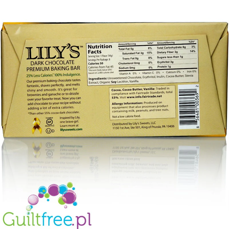 Lily's Sweets Dark Chocolate Baking Bar - ciemna, wegańska, keto czekolada ze stewią 55% kakao - Image 2