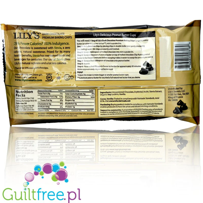Lily's Sweets Dark Chocolate Chips - wegańskie keto kropelki czekolady bez cukru tylko ze stewią i erytrolem - Image 2