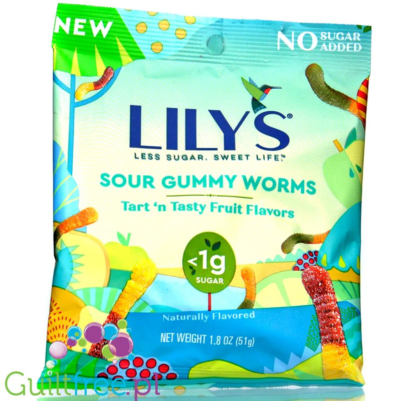 Lily's Sweets No Sugar Added Gummy Worms - kwaśne keto żujki-żmijki, żelki bez cukru ze stewią