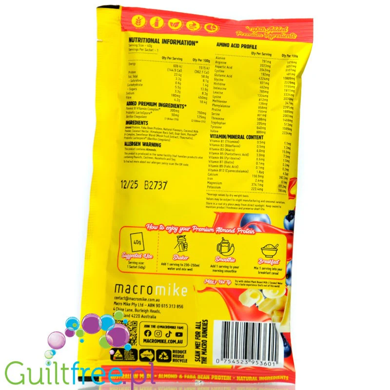 Macro Mike Almond Plant Protein, Berry White Choc Cheezecake, 40g - wegańska odżywka białkowa bez glutenu i sukralozy - Image 2