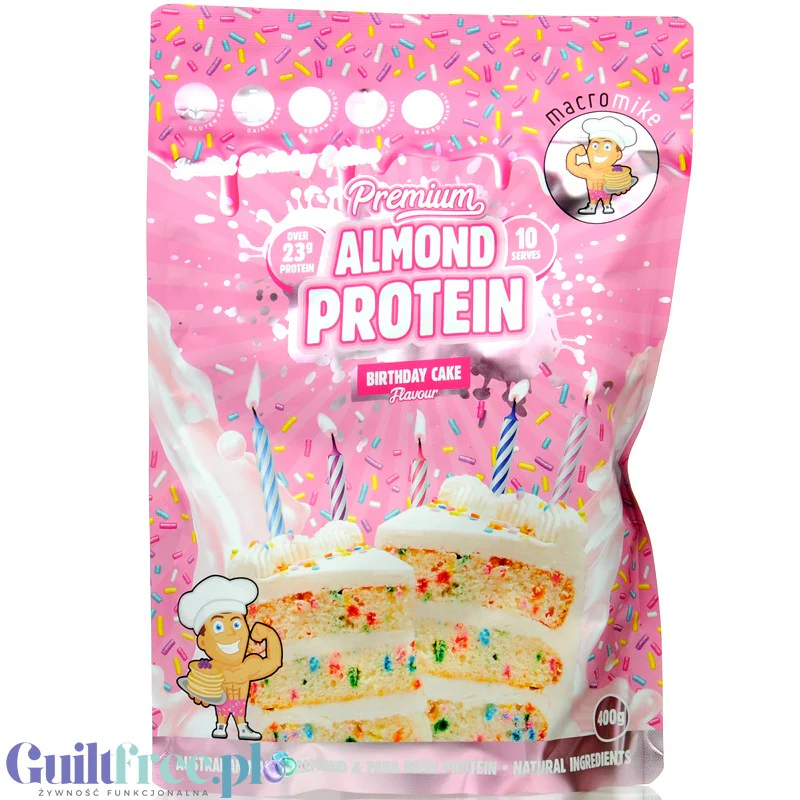 Macro Mike Almond Plant Protein, Birthday Cake - wegańska migdałowa odżywka białkowa bez glutenu, mleka i sukralozy