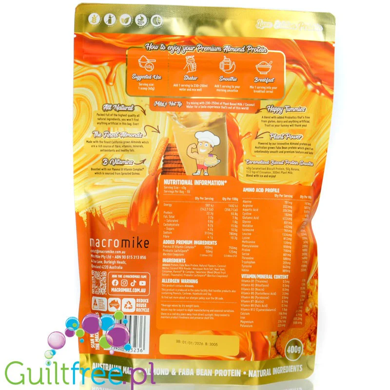 Macro Mike Almond Plant Protein, Caramelised Biscuit - wegańska migdałowa odżywka białkowa bez glutenu, mleka i sukralozy - Image 2