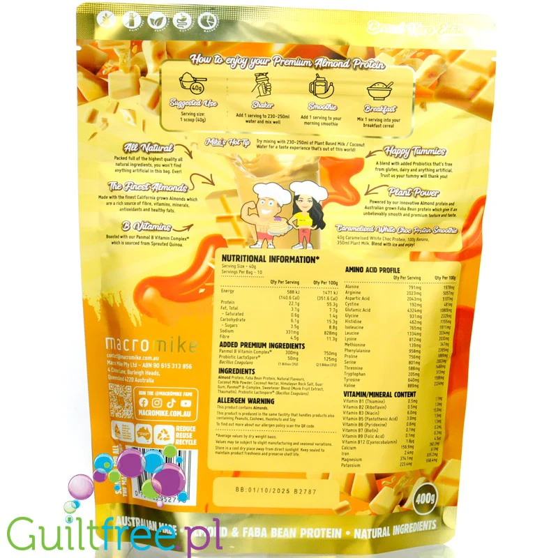 Macro Mike Almond Plant Protein, Caramelised White Choc - wegańska turbo kremowa odżywka bez glutenu, mleka i sukralozy - Image 2