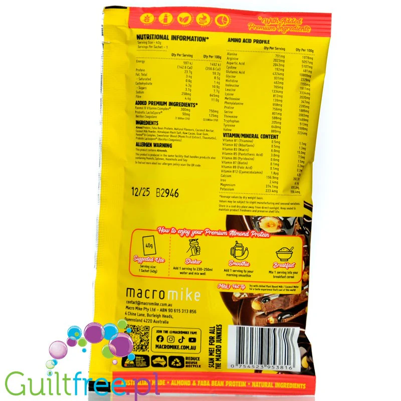 Macro Mike Almond Plant Protein, Choc Hazelnut, 40g - wegańska migdałowa odżywka białkowa bez glutenu, mleka i sukralozy - Image 2