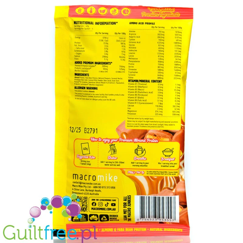 Macro Mike Almond Plant Protein, Choc Honeycomb, 40g - wegańska migdałowa odżywka białkowa bez glutenu, mleka i sukralozy - Image 2