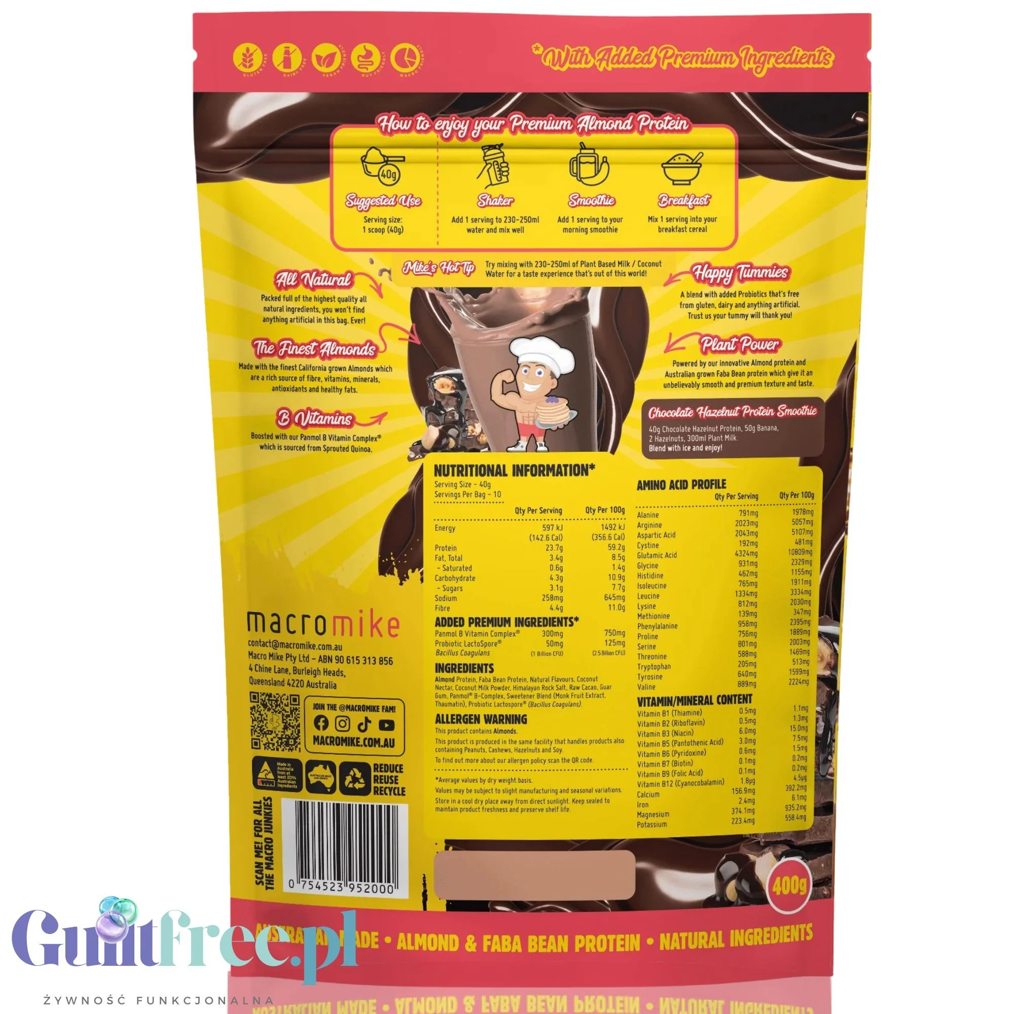 Macro Mike Almond Plant Protein, Chocolate Hazelnut, 400g - wegańska migdałowa odżywka białkowa bez glutenu, mleka i sukralozy - Image 2