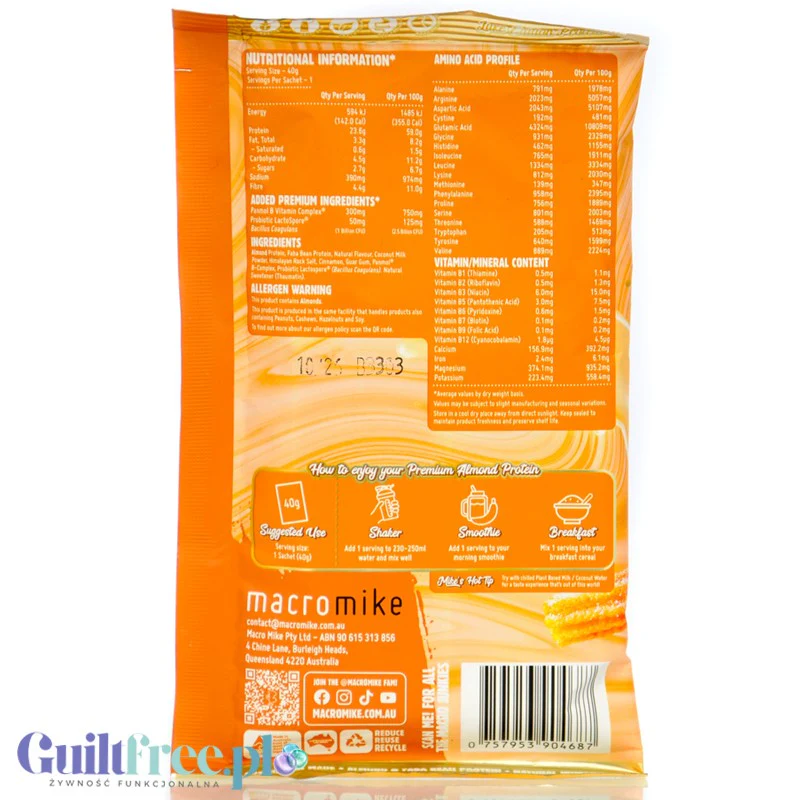 Macro Mike Almond Plant Protein, Cinnamon Churro, 40g - wegańska migdałowa odżywka białkowa - Image 2