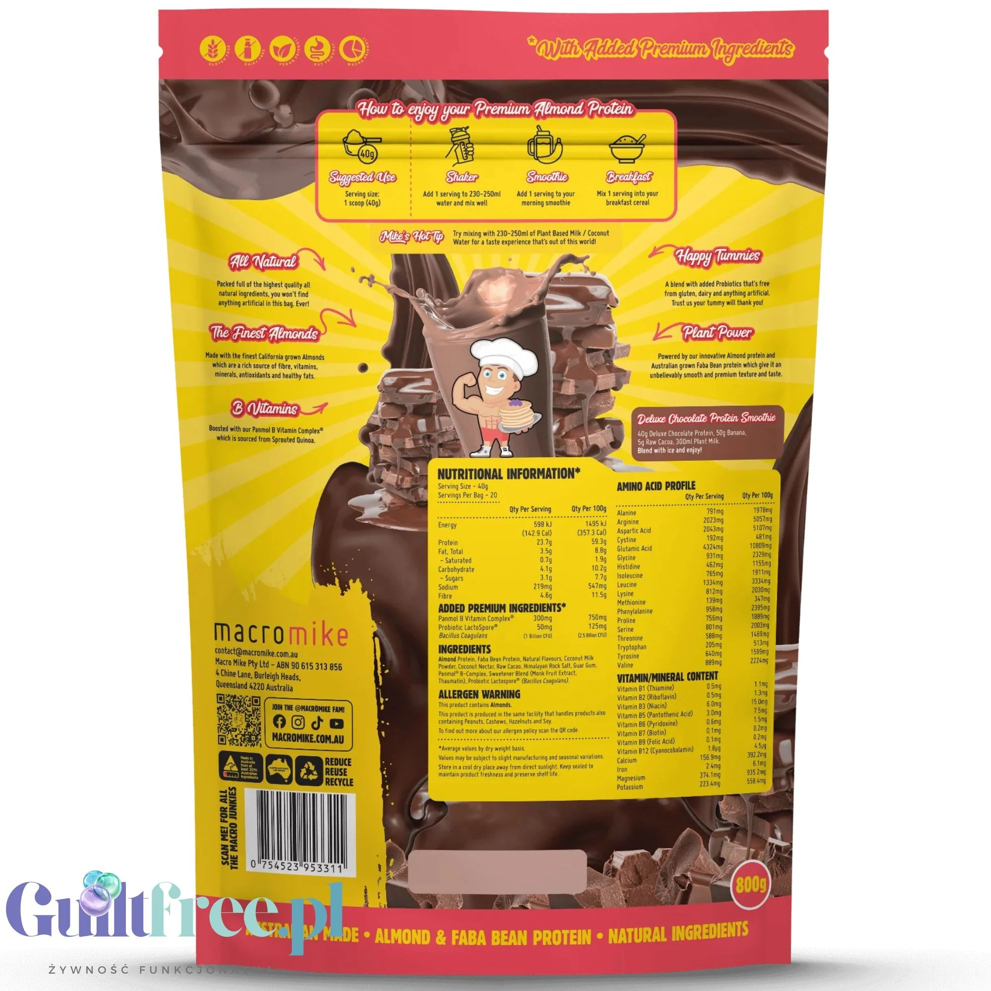 Macro Mike Almond Plant Protein, DeLuxe Chocolate - wegańska migdałowa odżywka białkowa bez glutenu, mleka i sukralozy - Image 2