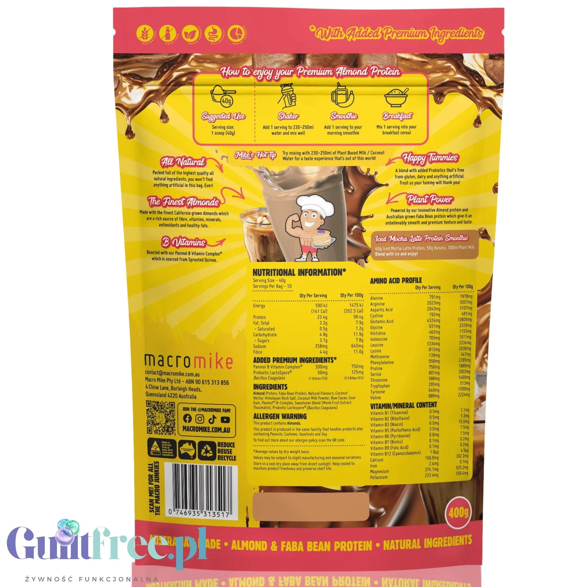 Macro Mike Almond Plant Protein, Iced Mocha Latte, 400g - wegańska migdałowa odżywka białkowa bez glutenu, mleka i sukralozy - Image 2