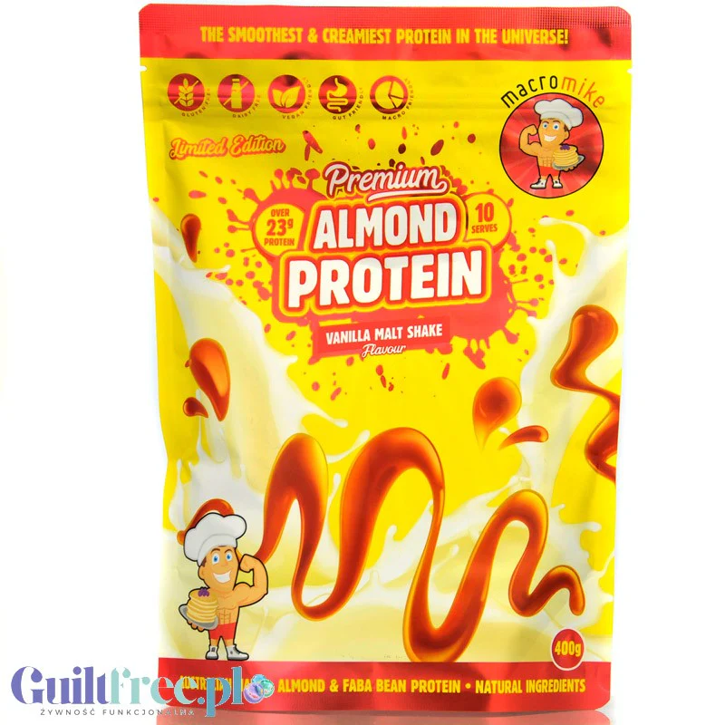 Macro Mike Almond Plant Protein, Vanilla Malt Shake - wegańska turbo kremowa odżywka bez glutenu, mleka i sukralozy