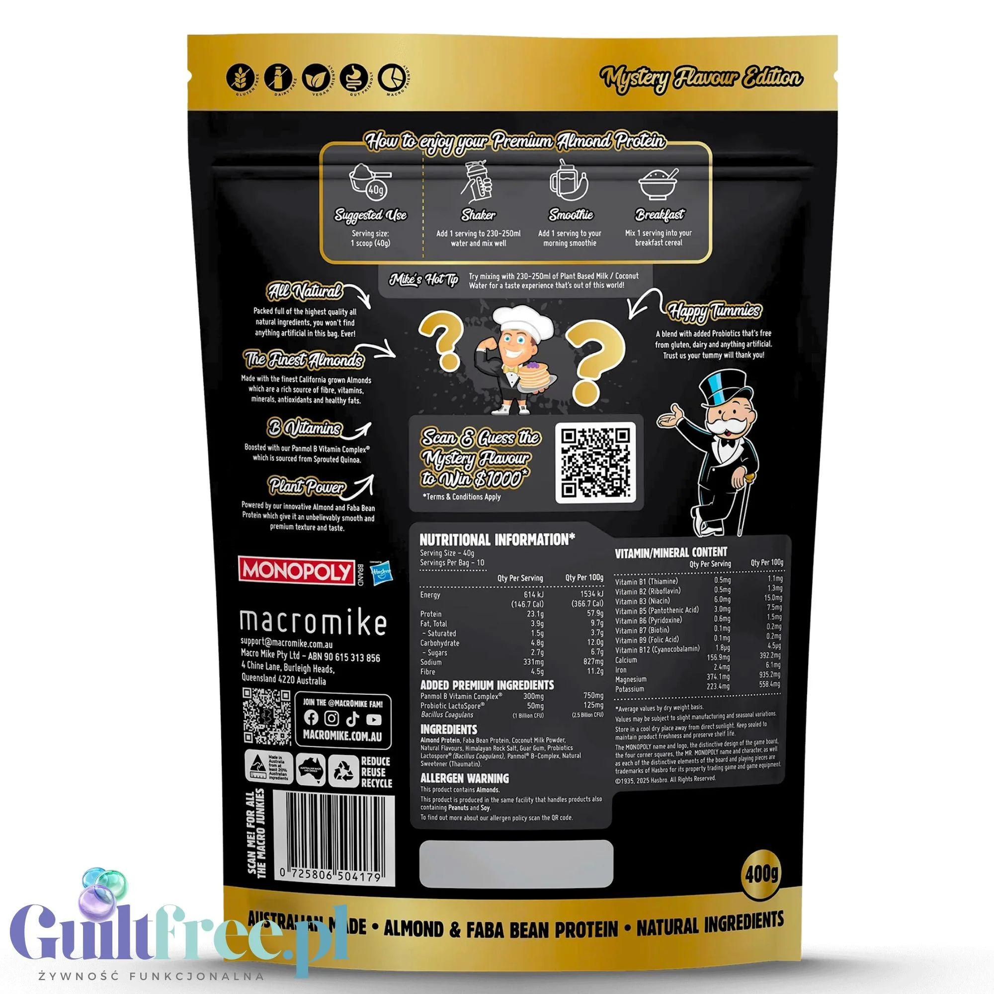 Macro Mike Almond Plant Protein, Mystery Monopoly, 400g - wegańska kremowa odżywka bez glutenu, mleka i sukralozy - Image 3