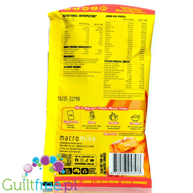 Macro Mike Almond Plant Protein, Salted Caramel, 40g - wegańska migdałowa odżywka białkowa bez glutenu, mleka i sukralozy - Image 2