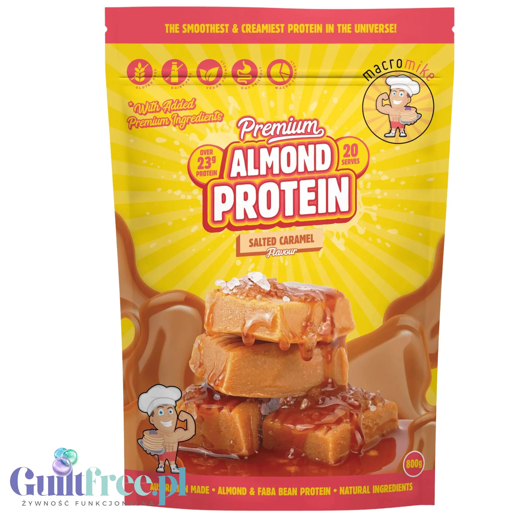 Macro Mike Almond Plant Protein, Salted Caramel 800g - wegańska migdałowa odżywka białkowa bez glutenu, mleka i sukralozy