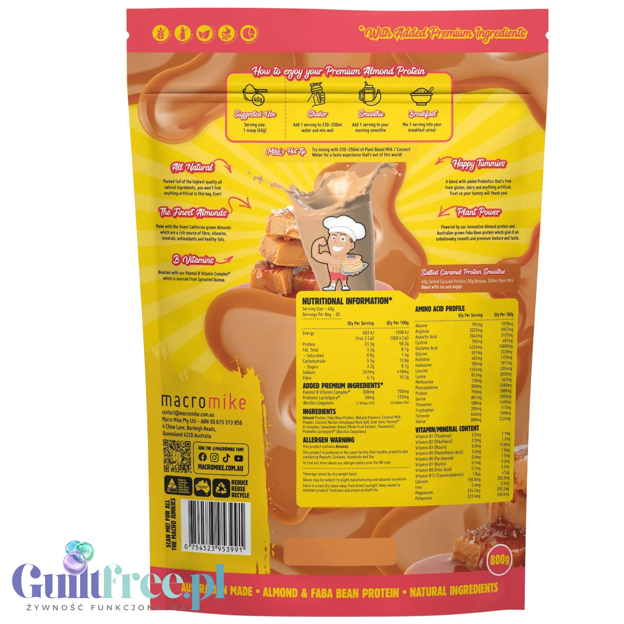 Macro Mike Almond Plant Protein, Salted Caramel 800g - wegańska migdałowa odżywka białkowa bez glutenu, mleka i sukralozy - Image 2