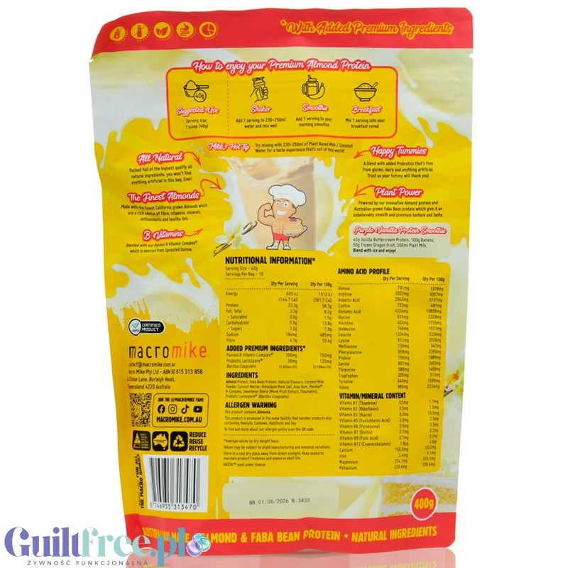 Macro Mike Almond Plant Protein, Vanilla Buttercream, 400g - wegańska migdałowa odżywka białkowa bez glutenu, mleka i sukralozy - Image 2