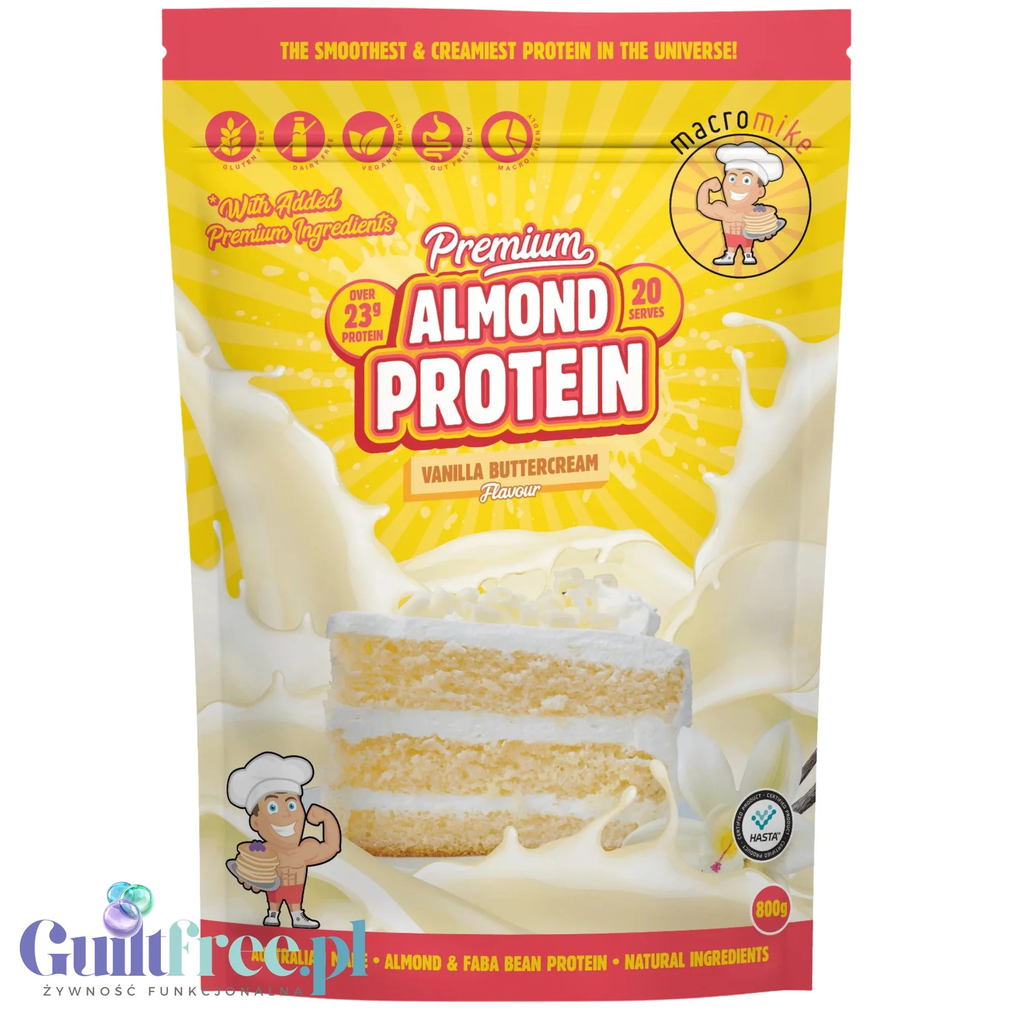 Macro Mike Almond Plant Protein, Vanilla Buttercream, 800g - wegańska migdałowa odżywka białkowa bez glutenu, mleka i sukralozy