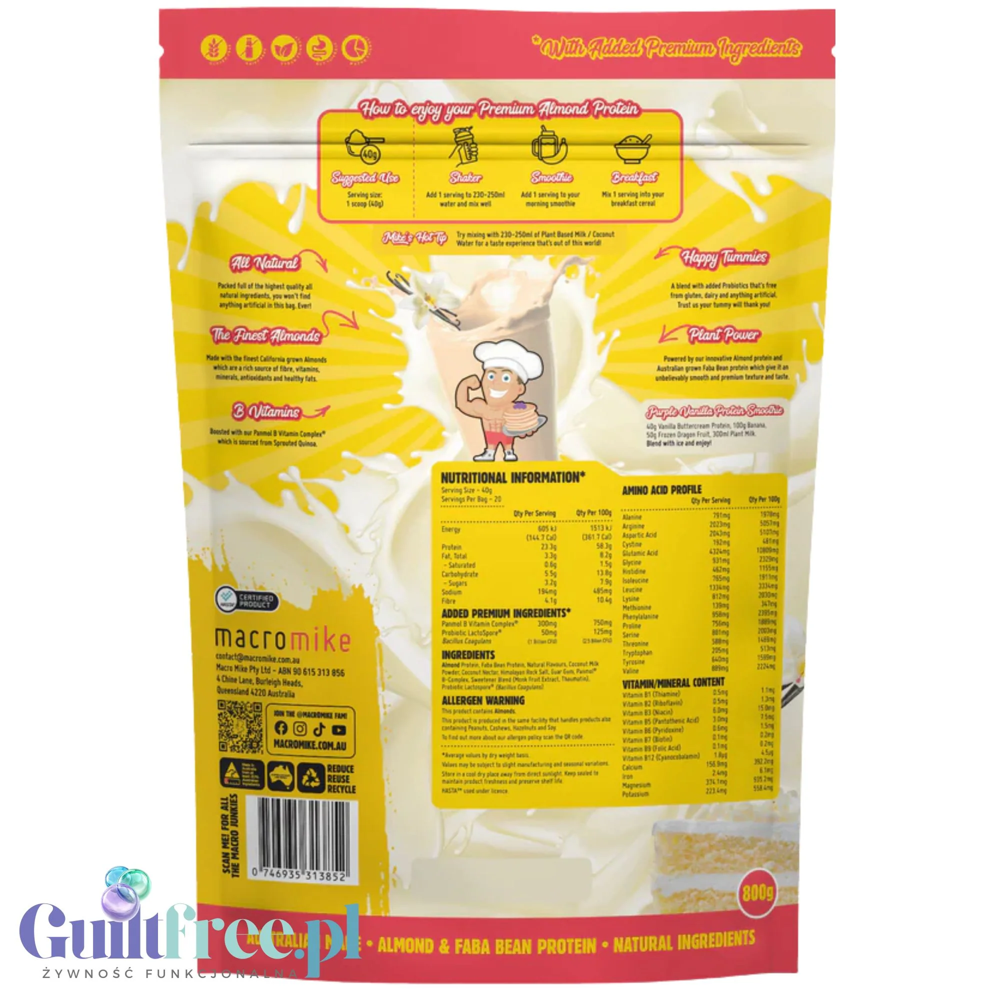 Macro Mike Almond Plant Protein, Vanilla Buttercream, 800g - wegańska migdałowa odżywka białkowa bez glutenu, mleka i sukralozy - Image 2