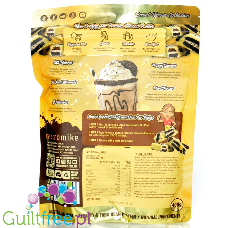 Macro Mike Almond Plant Protein, Cookies & Cream - wegańska turbo kremowa odżywka bez glutenu, mleka i sukralozy - Image 2