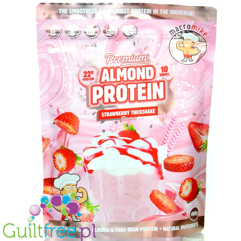 Macro Mike Almond Plant Protein, Strawberry ThickShake - wegańska turbo kremowa odżywka bez glutenu, mleka i sukralozy