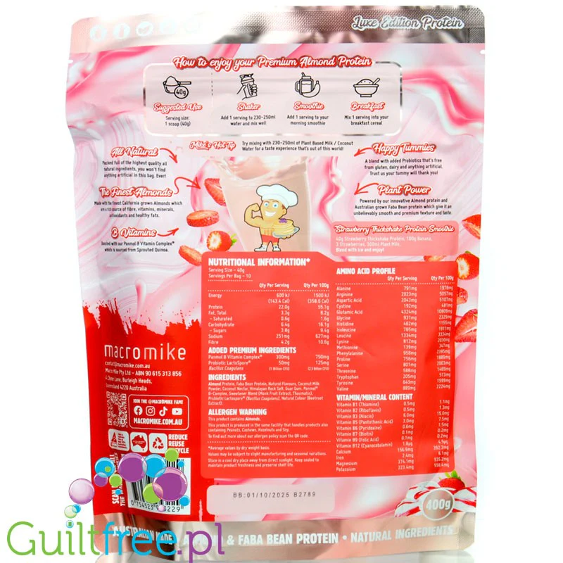 Macro Mike Almond Plant Protein, Strawberry ThickShake - wegańska turbo kremowa odżywka bez glutenu, mleka i sukralozy - Image 2