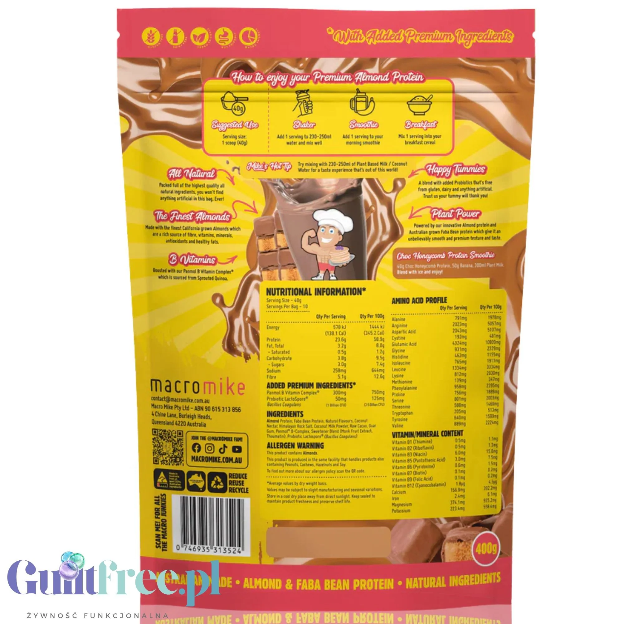 Macro Mike Almond Protein, Choc Honeycomb, 400g - wegańska migdałowa odżywka białkowa bez glutenu, mleka i sukralozy - Image 2