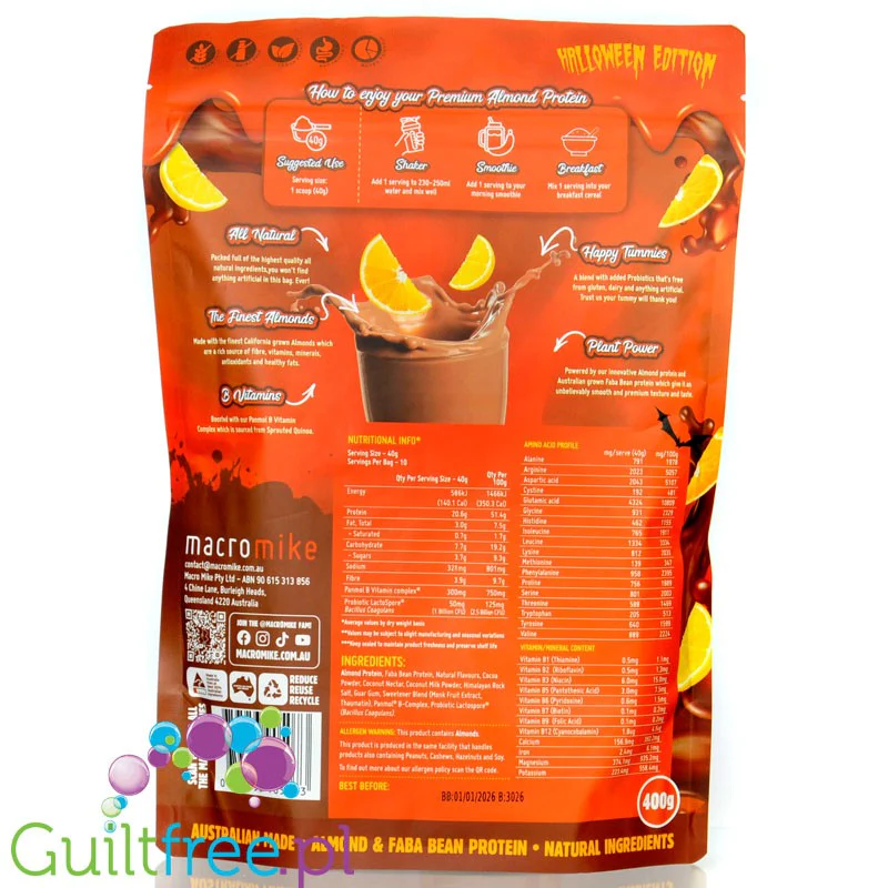 Macro Mike Almond Protein Halloween Edition, Choc Horror-Orange - wegańska turbo kremowa odżywka bez glutenu, mleka i sukralozy - Image 2
