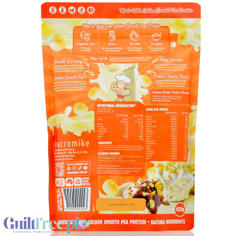 Macro Mike Pea Plant Protein, Banana Sundae 455g - wegańska turbo kremowa odżywka bez glutenu, mleka i sukralozy - Image 2