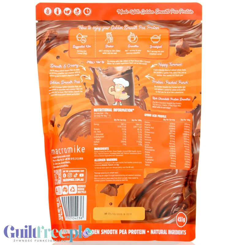 Macro Mike Pea Plant Protein, Rich Chocolate 455g - wegańska turbo kremowa odżywka bez glutenu, mleka i sukralozy - Image 2
