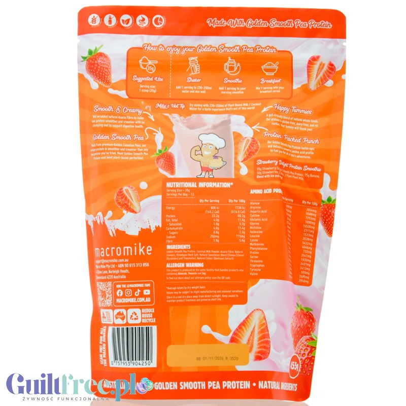 Macro Mike Pea Plant Protein, Strawberry Delight 455g - wegańska turbo kremowa odżywka bez glutenu, mleka i sukralozy - Image 2
