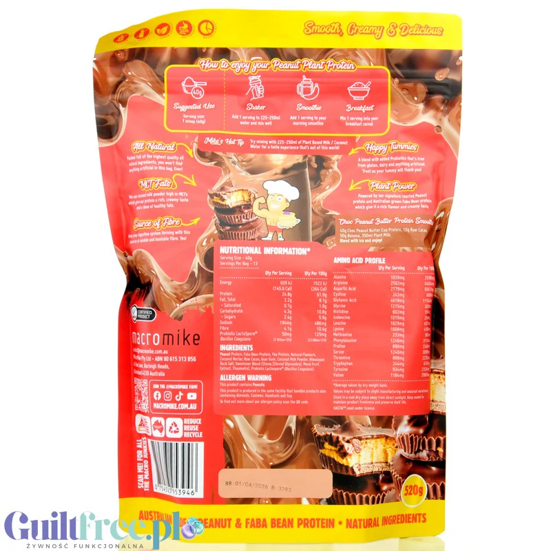 Macro Mike Peanut Plant Protein, Choc Peanut Butter Cup 520g - wegańska kremowa odżywka bez glutenu, mleka i sukralozy - Image 2