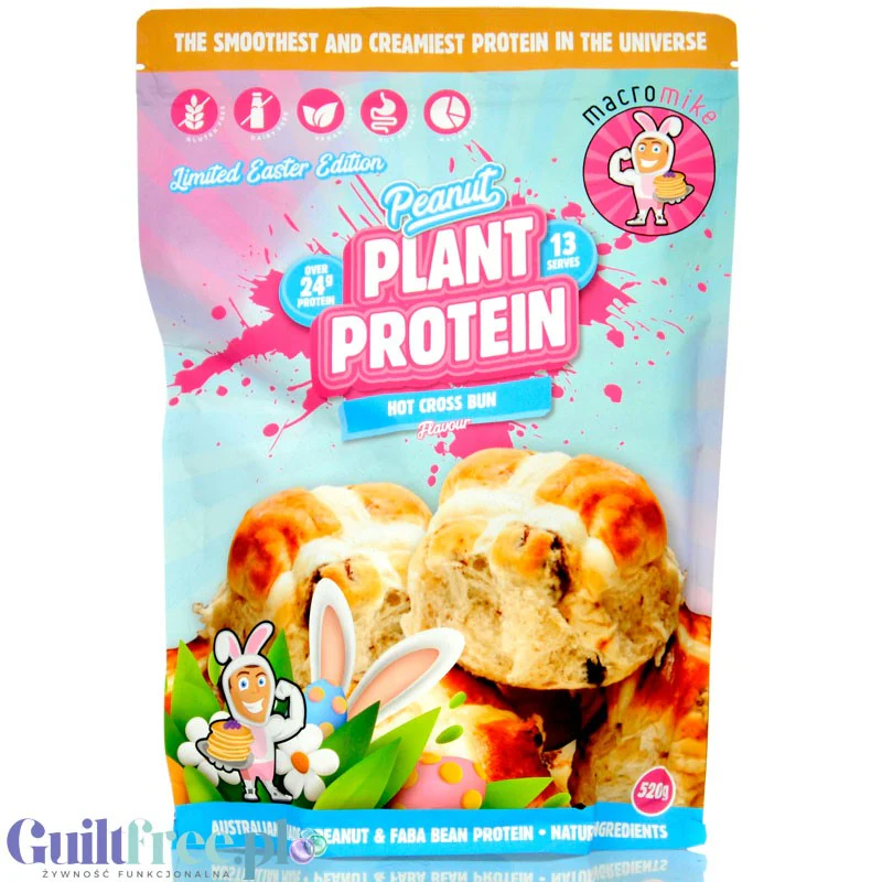 Macro Mike Peanut Plant Protein, Hot Cross Bun 520g - wegańska kremowa odżywka bez glutenu, mleka i sukralozy