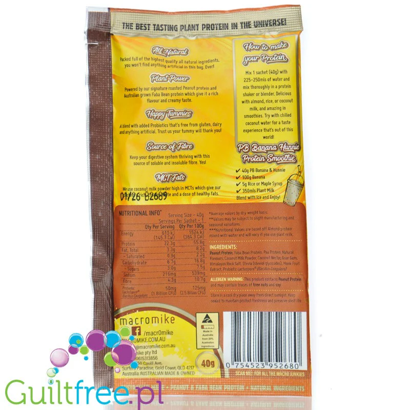 Macro Mike Peanut Plant Protein, PB Banana & Hunnie, 40g - wegańska migdałowa odżywka białkowa bez glutenu, mleka i sukralozy - Image 2