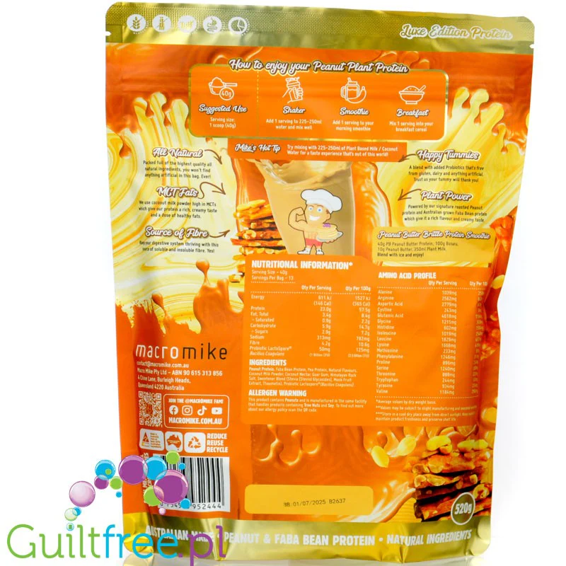 Macro Mike Peanut Plant Protein, Peanut Butter Brittle - wegańska turbo kremowa odżywka bez glutenu, mleka i sukralozy - Image 2