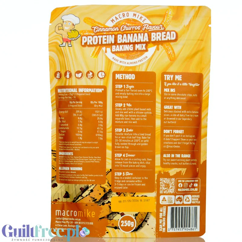 Macro Mike Protein Banana Bread Baking Mix, Cinnamon Churros - wegański chlebek bananowy o smaku cynamonowych churro - Image 2