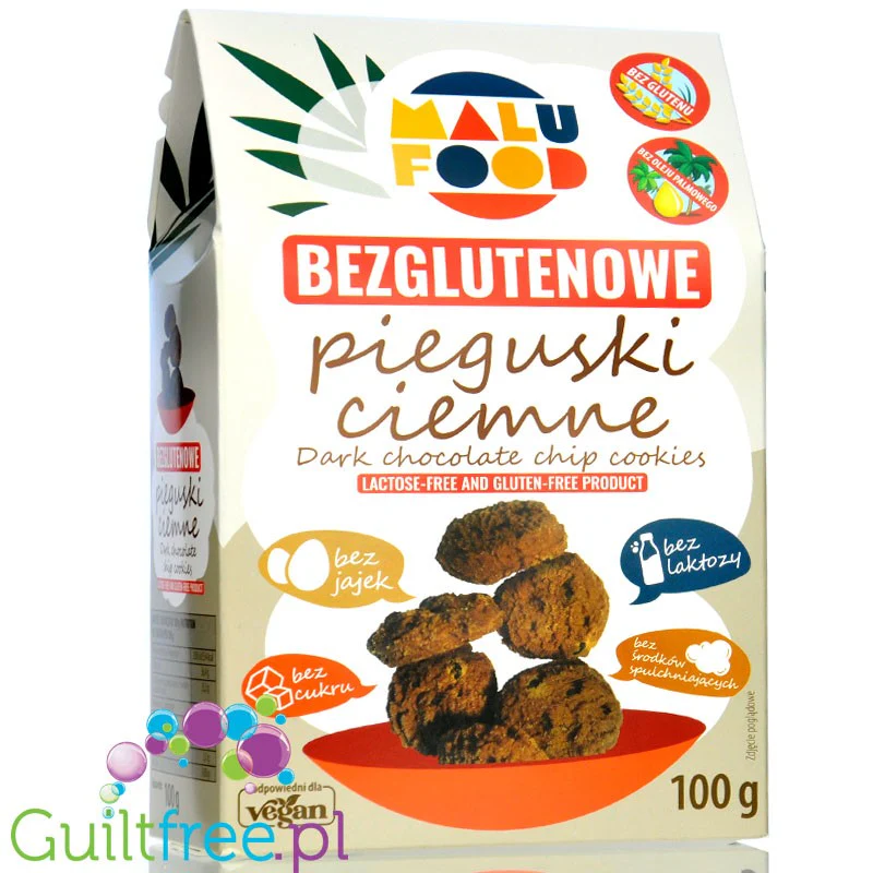 Malu Food Pieguski Ciemne - wegańskie bezglutenowe ciasteczka kakaowe bez cukru z kawałkami czekolady