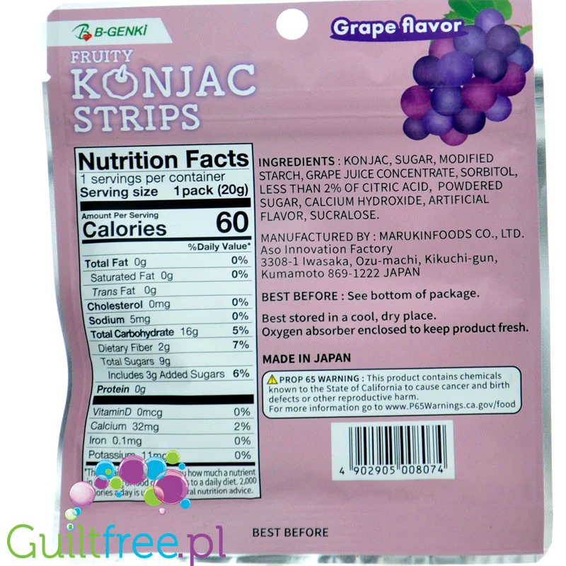 Marukin Fruity Konjac Strips, Miracle Gummy Grape 60kcal - japońskie wegańskie żelki w paskach, smak ciemnych winogron - Image 3