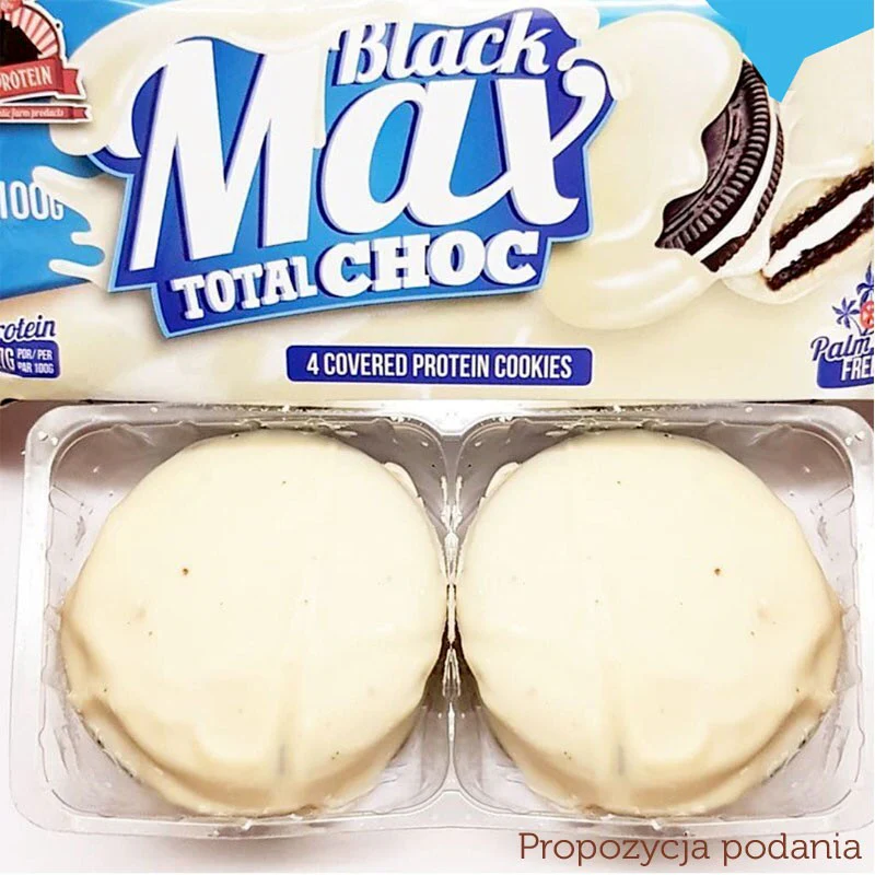 MAX Protein Black Max Cookies Total White Choc - proteinowe ciastka z mlecznym kremem w polewie czekoladowej, bez cukru - Image 2