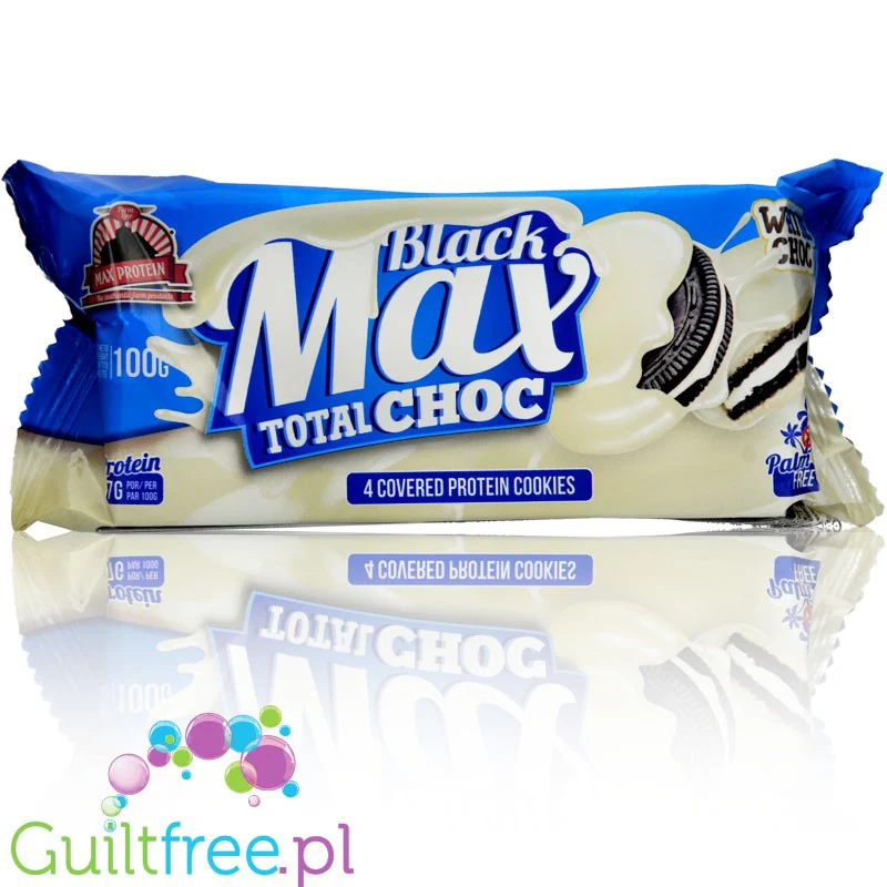 MAX Protein Black Max Cookies Total White Choc - proteinowe ciastka z mlecznym kremem w polewie czekoladowej, bez cukru - Image 4