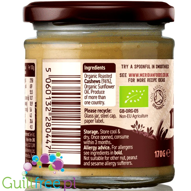 Meridian Cashew Smooth Organic 0,47kg - organiczne masło z nerkowców bez cukru i soli - Image 2
