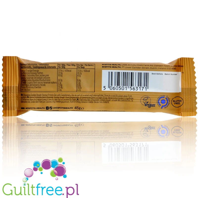 Misfits Plant Chocolate Cookie Dough Bar - wegański baton proteinowy ze stewią - Image 2