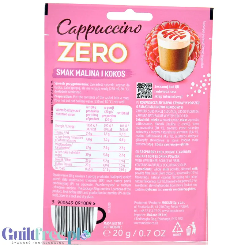 Mokate Cappuccino Zero, napój kawowy o smaku Malina & Kokos z błonnikiem i stewią, bez dodatku cukru - Image 2