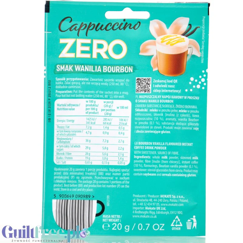 Mokate Cappuccino Zero, napój kawowy o smaku Wanilia Bourbon z błonnikiem, bez dodatku cukru - Image 2
