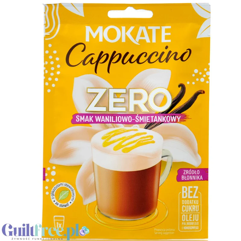 Mokate Cappuccino Zero, napój kawowy o smaku Waniliowo-Śmietankowym z błonnikiem, bez dodatku cukru