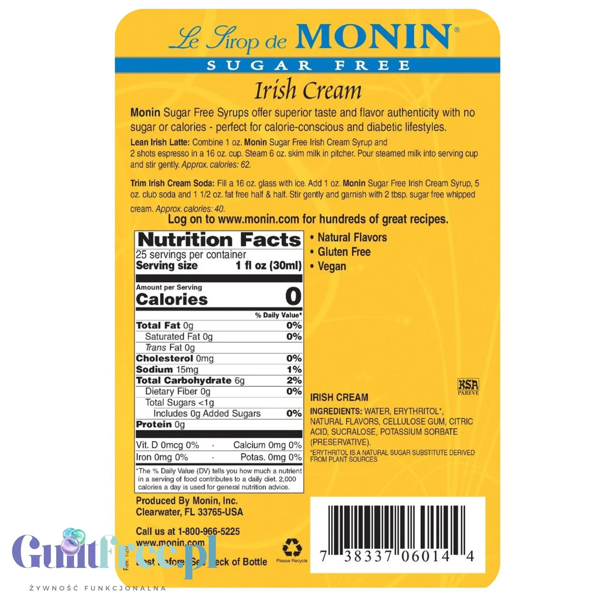 Monin Sugar Free Irish Cream Syrup, 0,75L USA - syrop bez cukru i kalorii do kawy, smak malina - Image 4